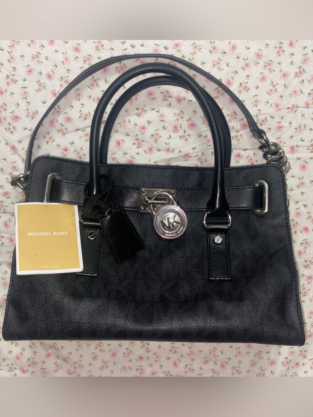 michael kors hamilton signature logo satchel with silver hardware